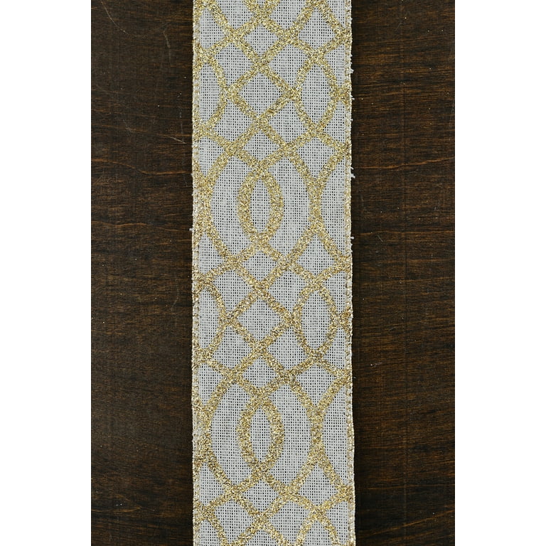 4” x 10 Yard Gold & White Lattice Ribbon