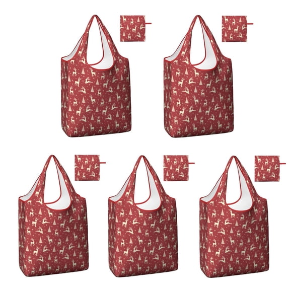 5 Pack Foldable Shopping Bag,Red Christmas Reindeer Pattern Reusable Grocery Bags with Pockets,Large Reusable Tote Bags with Handles Waterproof & Lightweight