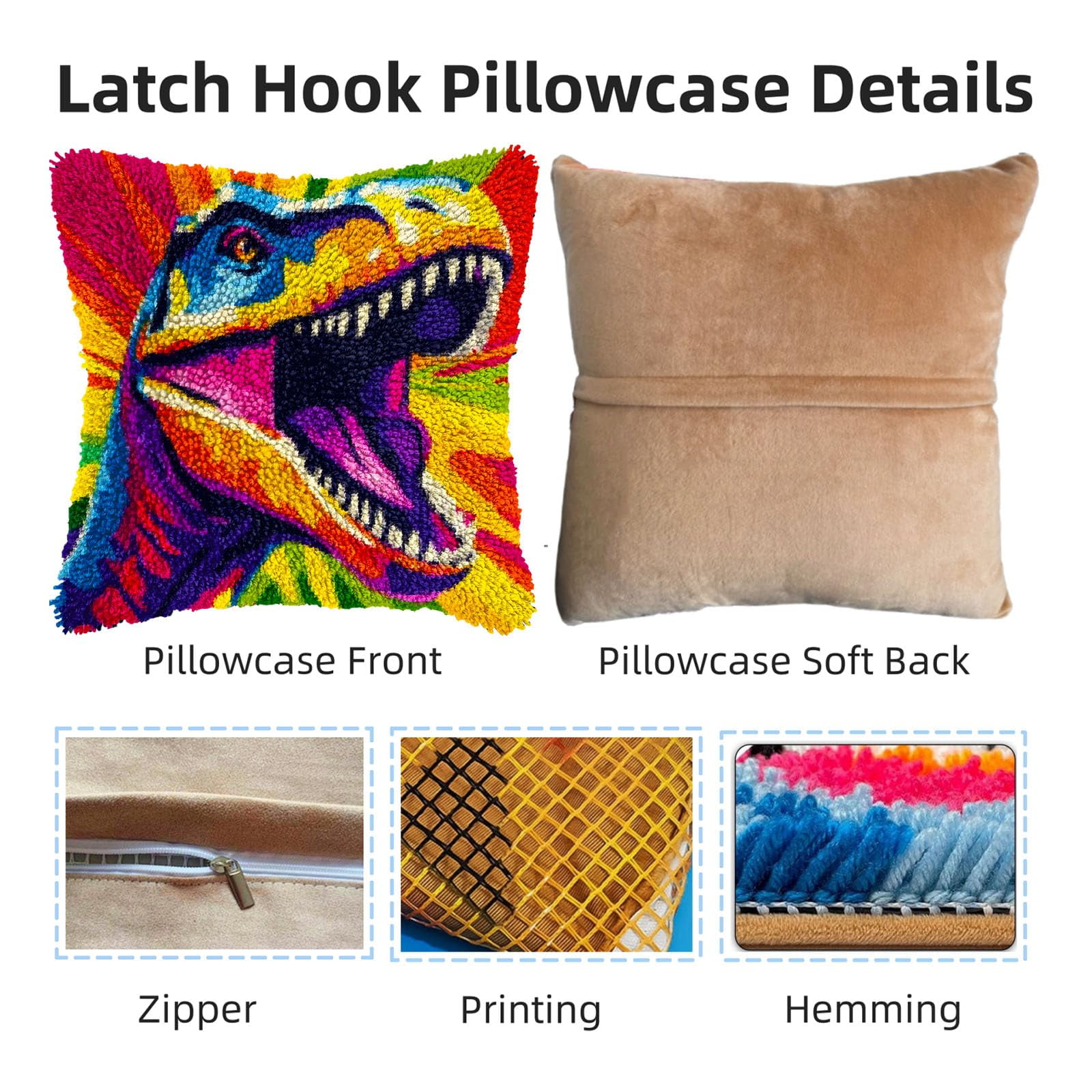 Roaring Dinosaur DIY Latch Hook Pillow Kits for Adults Printed Pillowcase Crochet Yarns Hooking Handmade Pillow Cover Cushion for Home Sofa Decoration 17x17inch