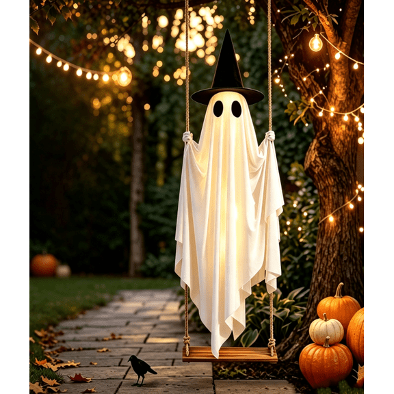 YAMB Halloween Hanging Swing Ghost Decoration, 4FT Light Up White Floating Fabric LED Ghost with Wooden Swing Prop, Reusable Spooky Outdoor Decor for Garden Yard Tree Porch Party Layout