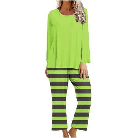 Yufatyle Women s Long Sleeve Shirt Pants Homewear Trendy Striped Loose Fit Comfy Sleepwear 2 Piece Lounge Set Green M