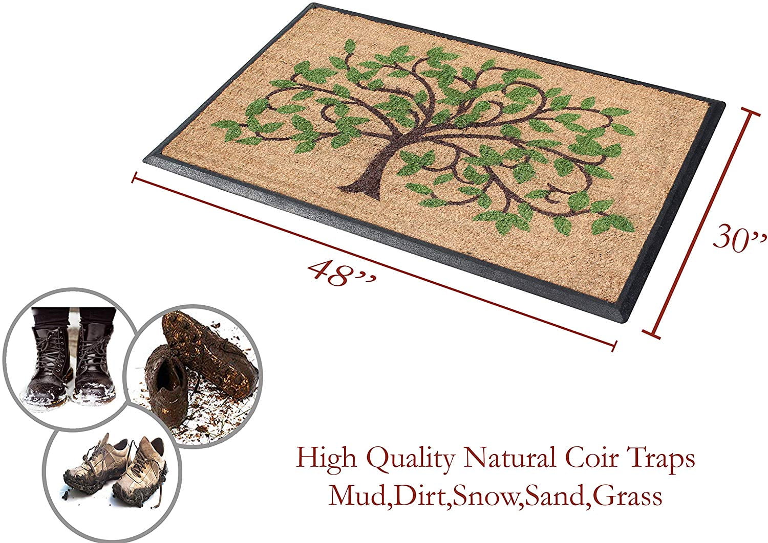 A1 Home Collections Doormat Hand-Crafted Rubber Coir Life of Tree Double Door Mat (30" X 48"), Green/Brown