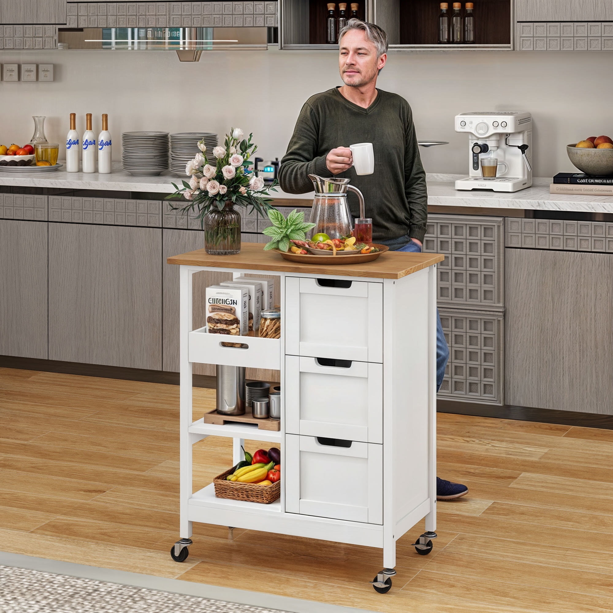Dextrus 3-Tier Kitchen Island with Storage, Kitchen Storage Cart with Countertop & Drawers, White