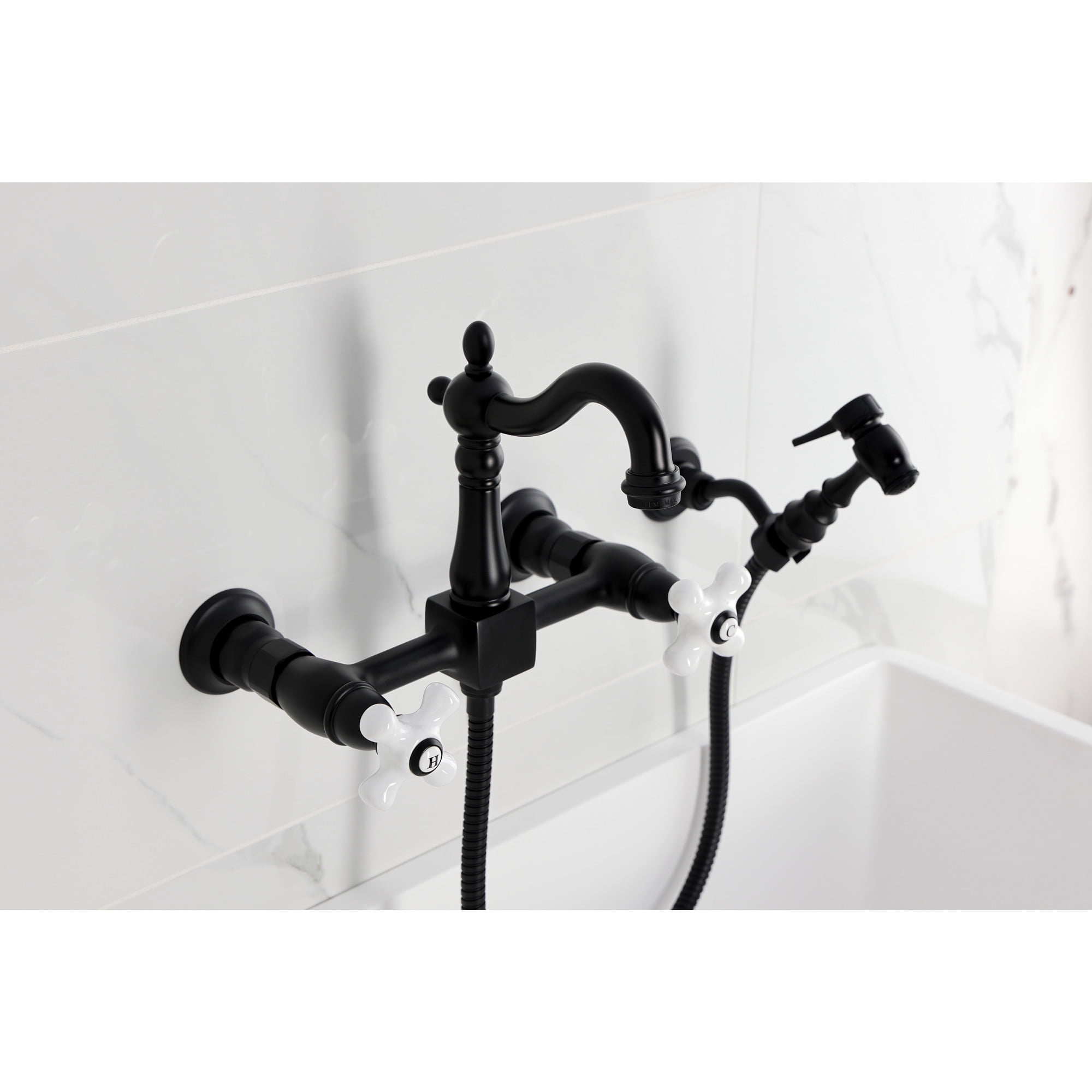 Kingston Brass KS2440PXBS Heritage Double-Handle Wall-Mount Bridge Kitchen Faucet with Brass Sprayer, Matte Black