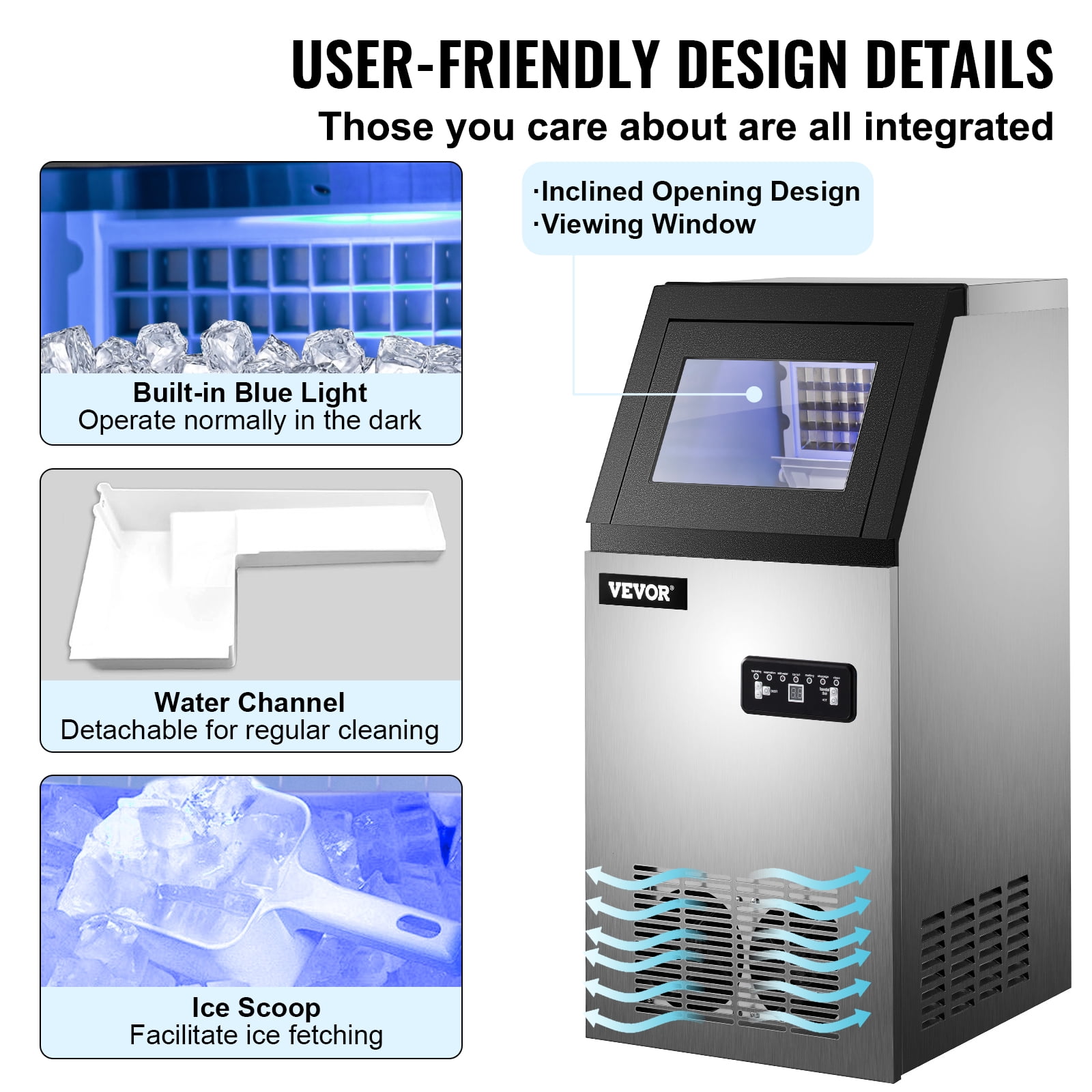 KFFKFF 110V Commercial Ice Maker 120lbs/24h with 29lbs Storage 5x9 Cubes Stainless Steel Auto Clean for Bar Home Supermarkets Includes Scoop and Connection Hose