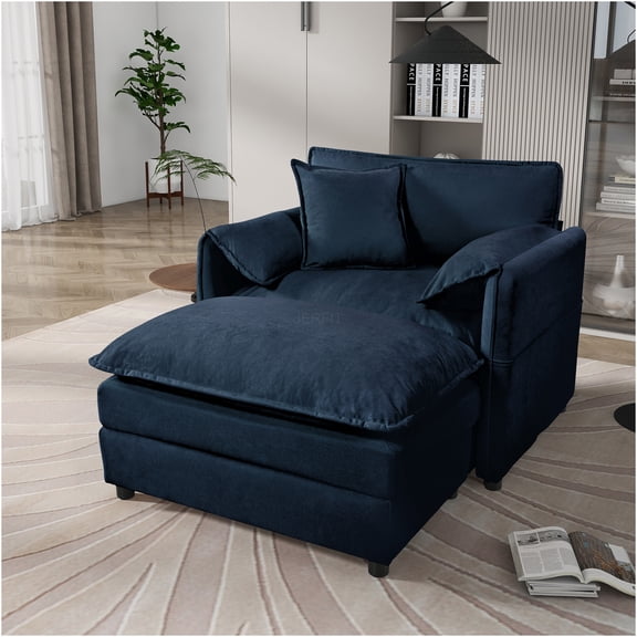 JERFIT Oversized 57-inch Recliner Chair with Ottoman, Modern Chenille Lounge Chair for Living Room, Blue