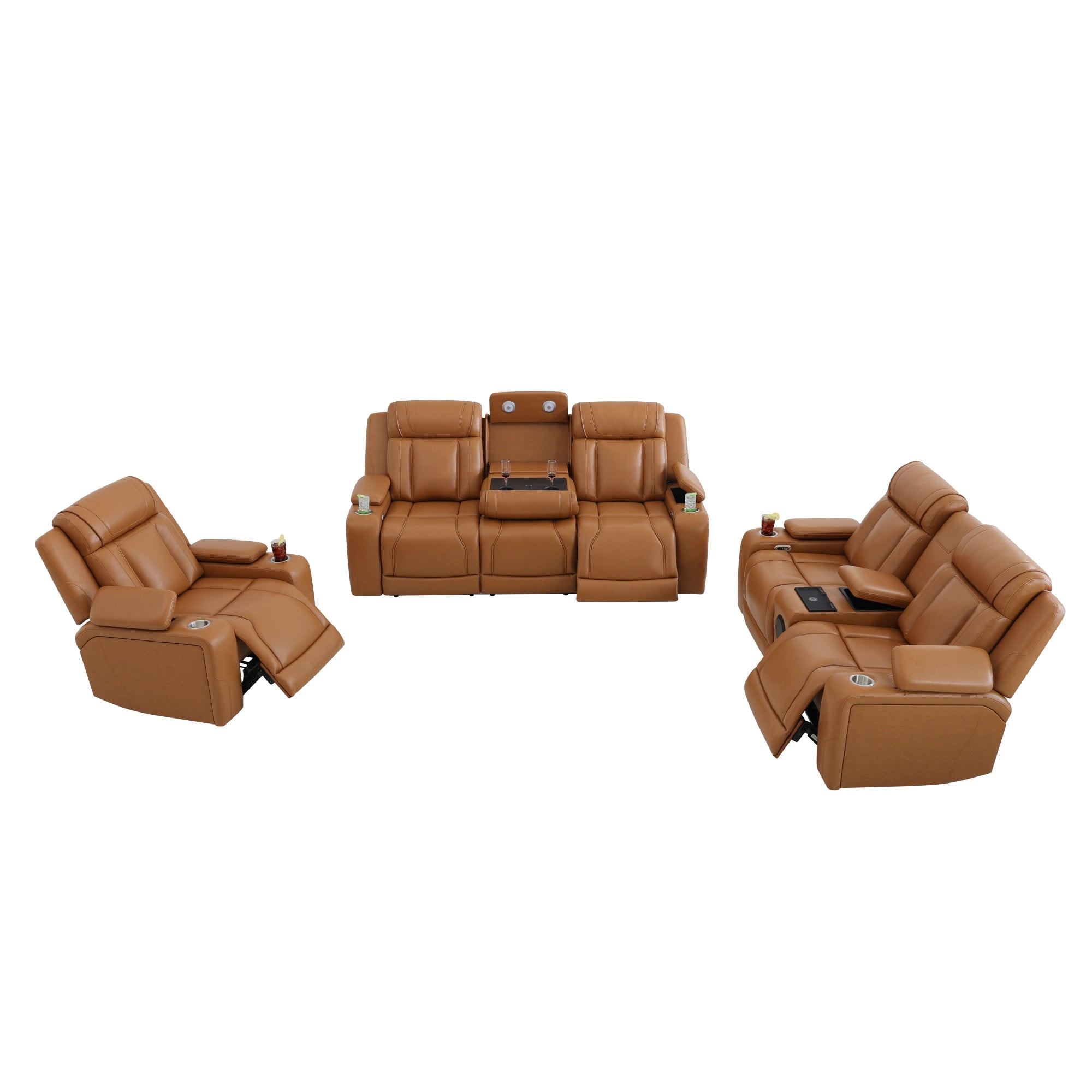 Gewnee 1+2+3 Piece Recliner Sofa Set, Air Leather Smart Sofa with Wireless Charging, Bluetooth Speaker, LED Light, Cup Holders & Storage, Adjustable Recline for Living Room, Orange Yellow