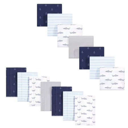 Hudson Baby Infant Boy Cotton Flannel Burp Cloths and Receiving Blankets, 14-Piece, Shark, One Size