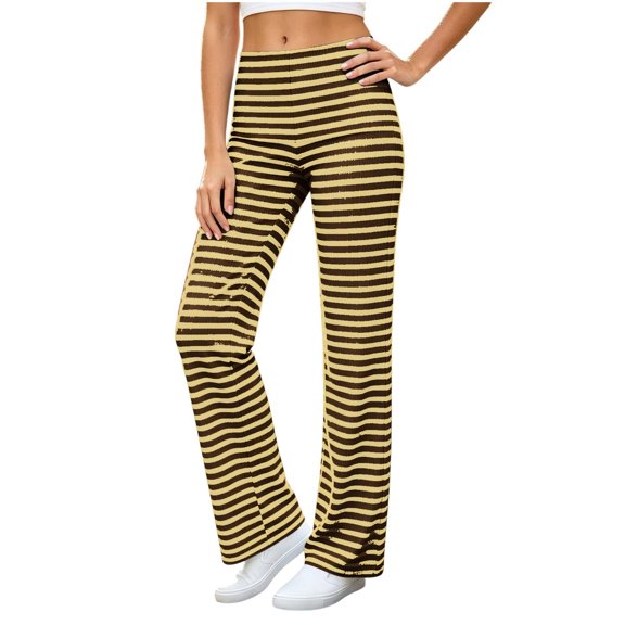 XuJwPNcy Yoga Pants for Women Soft Stretch High Waist Striped Pants Straight Leg Fold over Trousers(Yellow,X-Large)