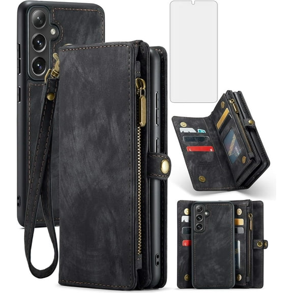 Asuwish Phone Case for Samsung Galaxy S25 5G Zipper Wallet Detachable Cell Cover with Tempered Glass Screen Protector Crossbody Lanyard Strap Flip Card Holder Slot S 25 25S SM-S931U Women Girls Black