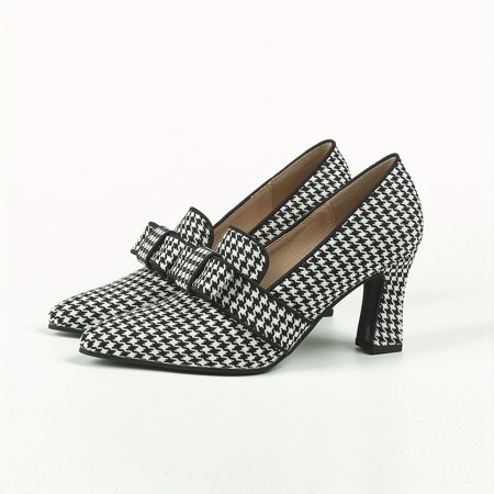 

ASWMXR Women‘s Houndstooth Pumps Bowknot Pointed Toe Slip On Chunky Heels Versatile Dress High Heels