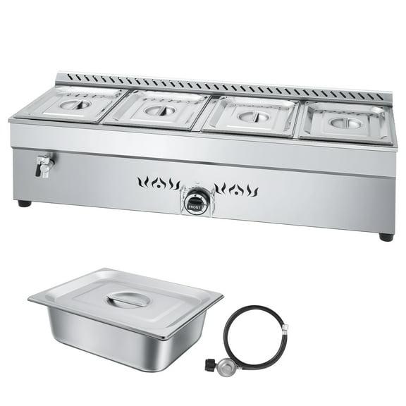 KFFKFF 4-Pan Commercial Propane Steam Table, Stainless Steel Food Warmer with Adjustable Heat and Drain Valve, Ideal for Outdoor Events, Restaurants, and Camping
