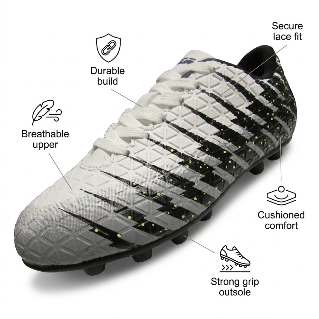 Vizari Bolt Firm Ground Soccer Cleats for Kids – Durable, Comfortable, and Stylish Boys and Girls Soccer Shoes with Traction - White/Black/Silver, 11.5