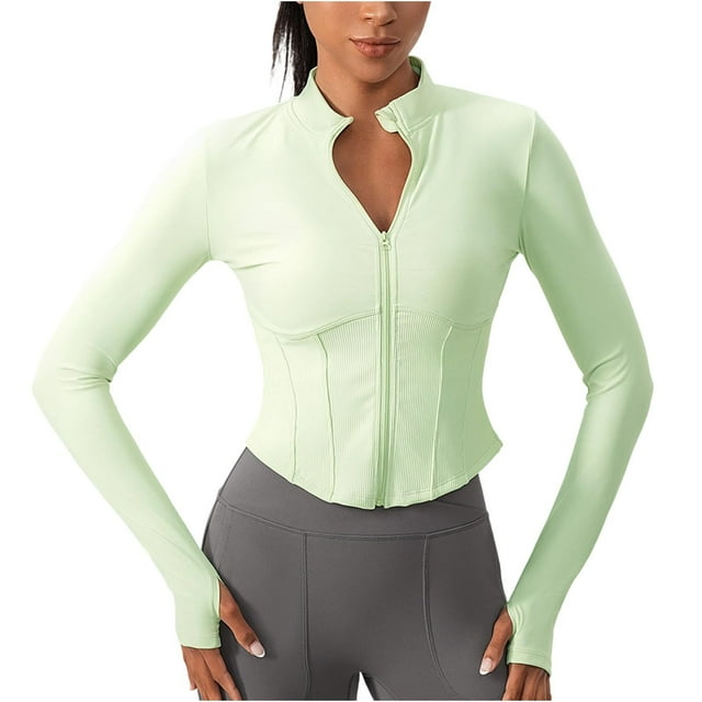 Gpaecead Cropped Full Zip Up Workout Jacket Slim Fit Running Athletic Gym Yoga Sports Jacket With Thumb Holes