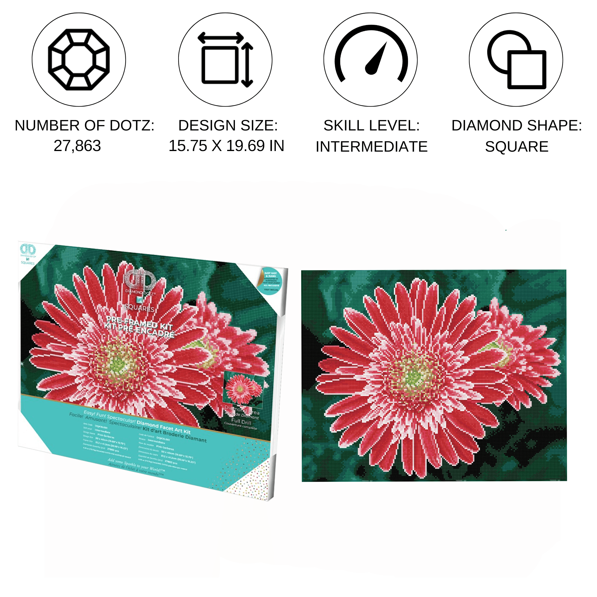 Diamond Dotz Pink Gerberas  - Pre-Framed Kit  Flower Diamond Painting Kits for Adults - Diamond Art Kits a Relaxing Creative Craft Kit with Dotz Gems 19.7"x15.7"