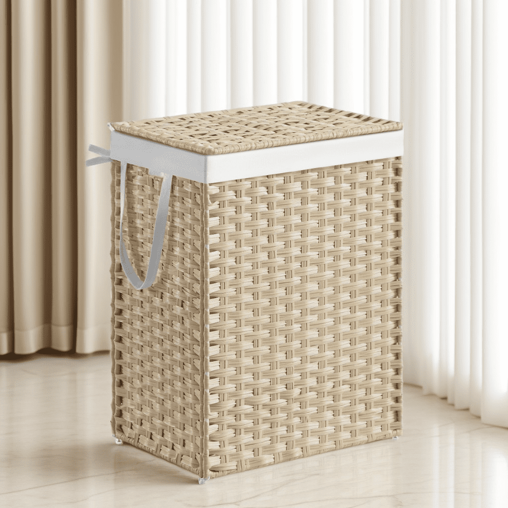 LEDREM Laundry Hamper with Lid, 23.8 Gallon Large Clothes Basket with Handles & Removable Liner, Synthetic Rattan with Metal Frame, Foldable & Ventilated, Summer Sand