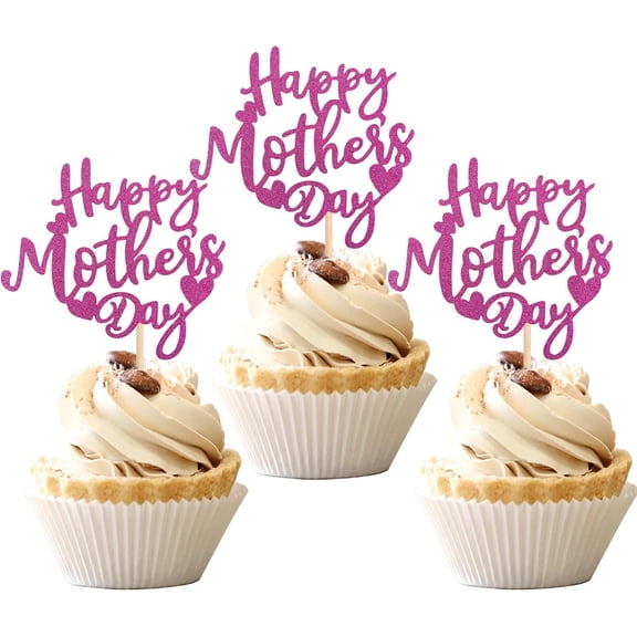 Happy Mother's Day Glitter Cupcake Toppers, Purple, Heart Design, Party Cake Decorations, 12 Pack