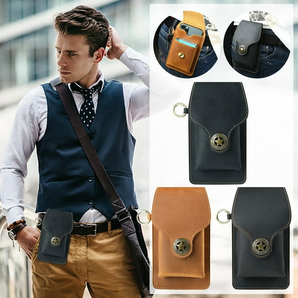 Xihbxyly Bolsa de Cuero para Teléfono Móvil, Riñonera para Deportes Al Aire Libre, Piel de Vacuno Resistente, Cierre de Seguridad con Clip para Cinturón, Bolsillo Multiusos, Ideal para Senderismo, Ru