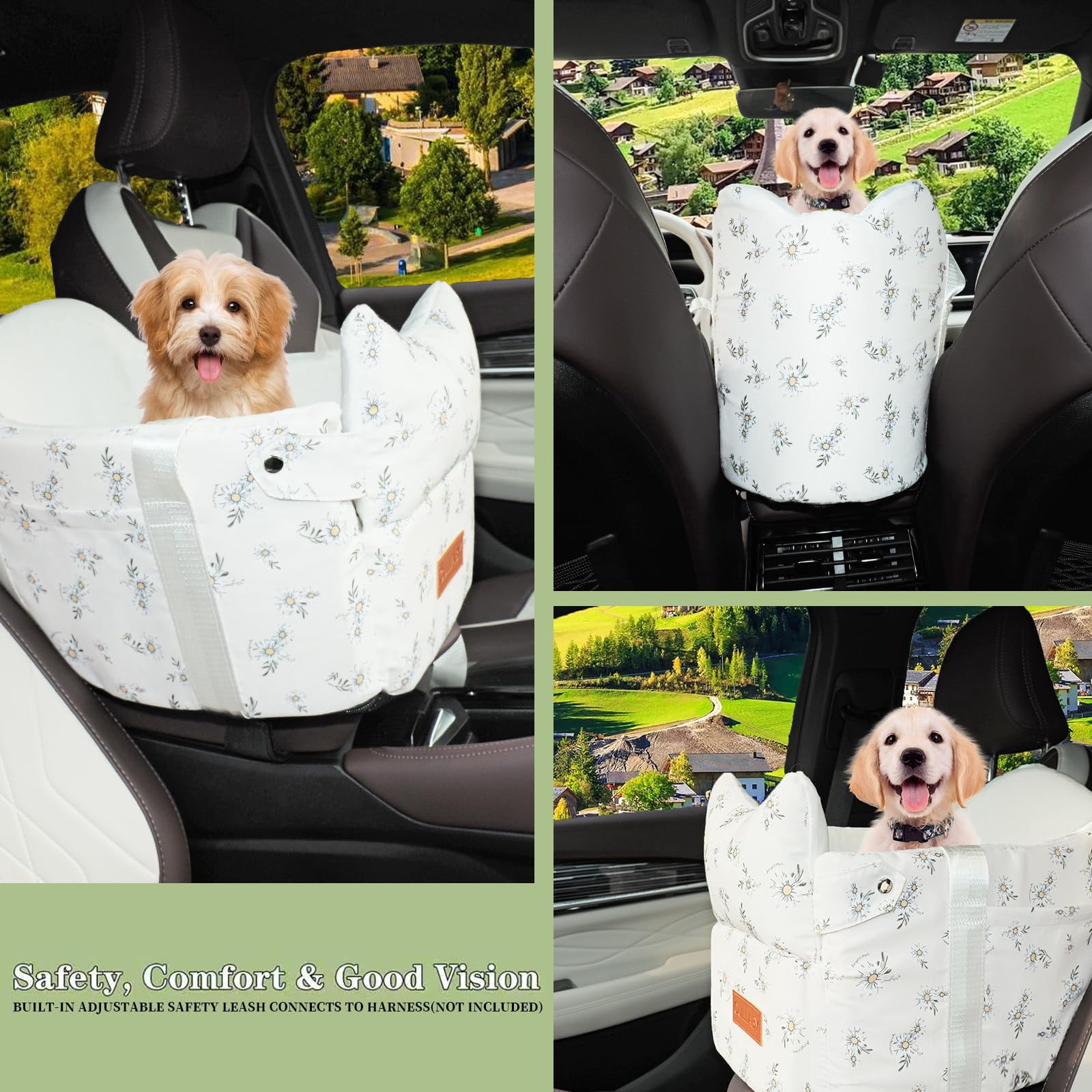 Center Console Dog Car Seat For Small Dogs - Portable Puppy Booster Armrest Carseat  Anti-collapse Comfort Travel With Washable Fluffy Cushion & Pillow Fits Up To 15 Lbs (off White)