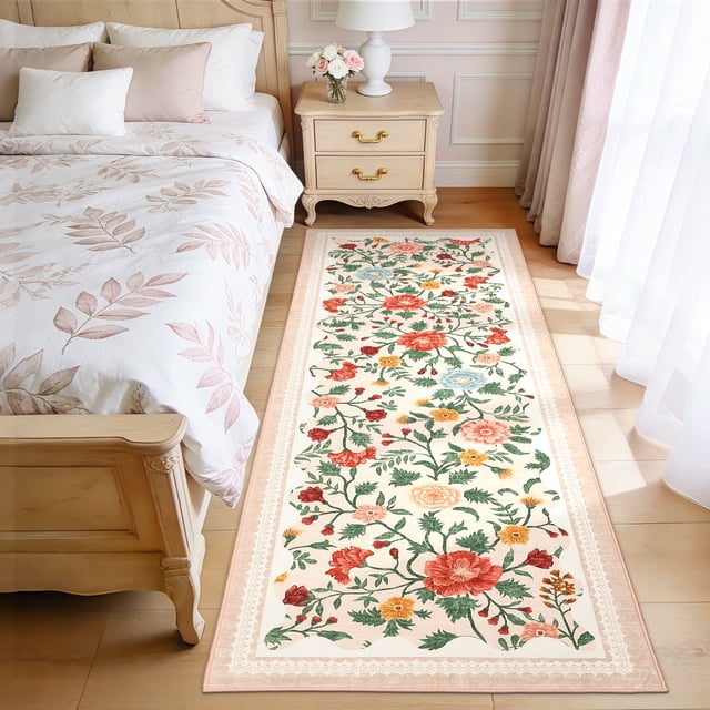 Garvee 2'x6' Runner Rug Vintage Floral Area Rug, Washable Boho Rugs Non Slip Soft Low Pile Farmhouse Rug Indoor Floor Carpet for Hallway Bedroom Kitchen, Beige