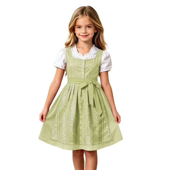 Lullu Girls Bavarian Dirndl Dress Oktoberfest Party Dress Apron 2Pc Set, Green, Sizes 3-12