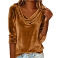 thumbnail image 5 of Ladies Velvet Elegant Drape Front Pleated Collar Three Quarter Sleeve Shirt Blouse Top Loose Fit Holiday Party Cocktail Christmas Festive Gift for Women | CSEONE,Brown L, 5 of 9