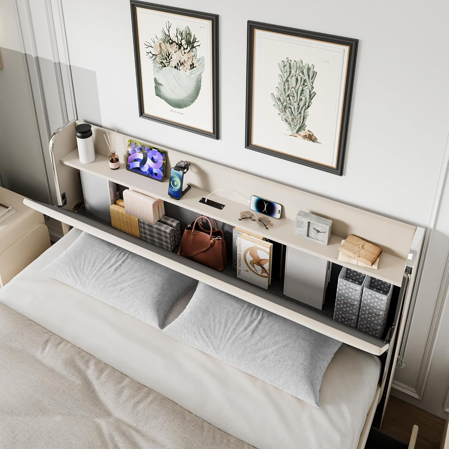 Queen Size Bed Frame, Upholstered Bed Frame with 4 Storage Drawers, Platform Bed Frame with Diamond Tufted Headboard, Wood Slat Support, No Springs Required, Easy to Assemble, White
