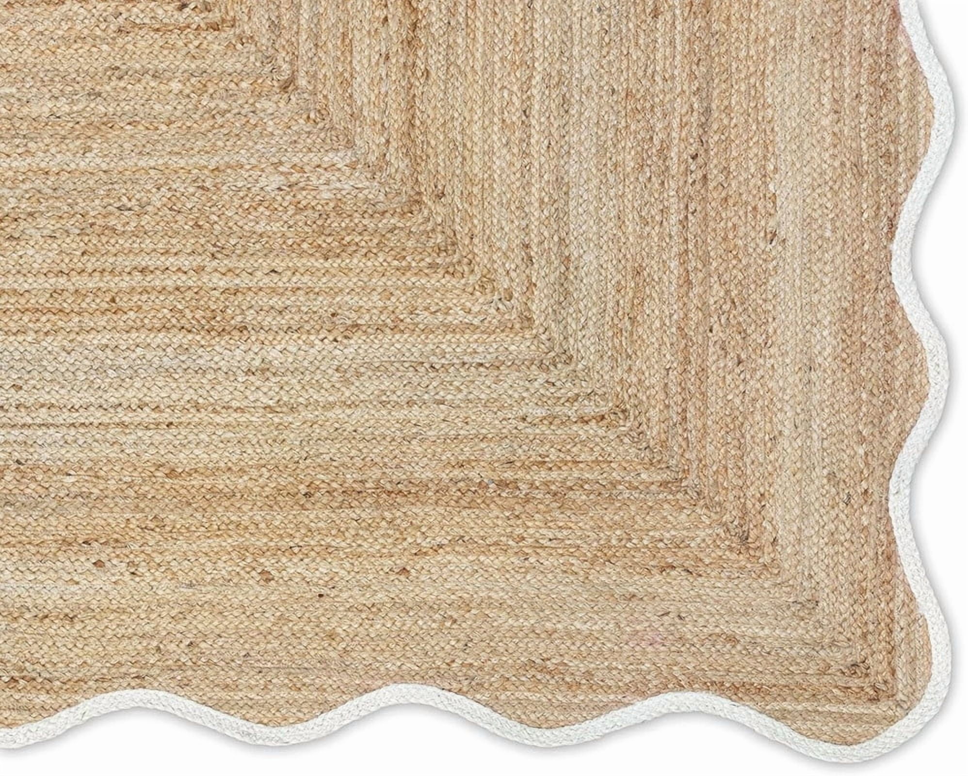 KLAVATE Natural Jute Hand Braided Scalloped Wave Edge Farmhouse Jute Rug