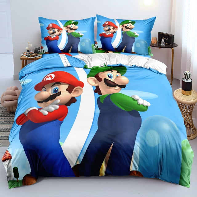 Mario Bedding Set Of Three, 3D Printing, Microfiber, Cartoon Duvet Cover, Suitable For Boys And Girls-sebneei