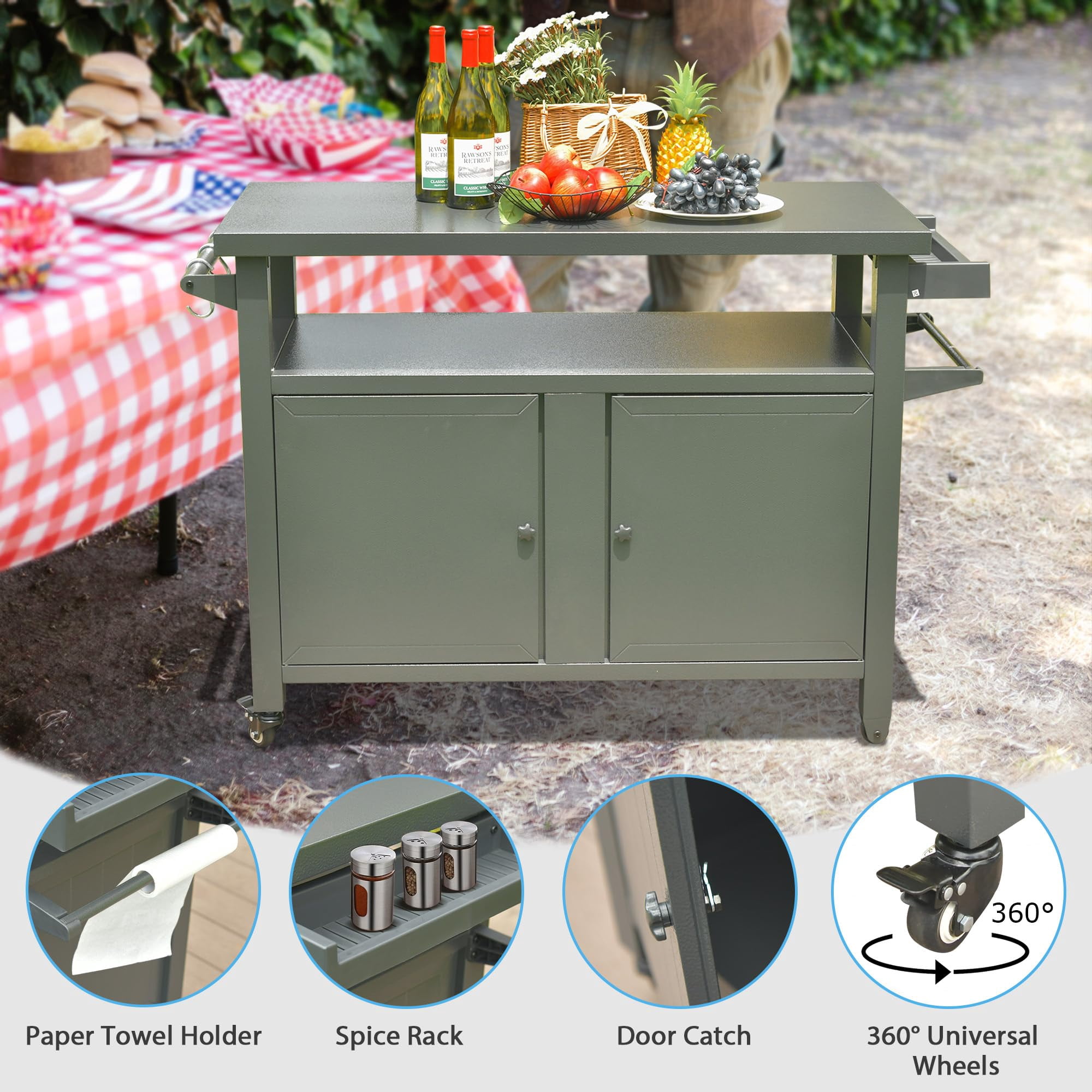 Grill Carts Outdoor Storage Cabinet with Wheels, Metal Outdoor Grill Table Kitchen Dining Table Cooking Prep BBQ Table for Patio, Kitchen Island, Home Party, Bar (Grey)