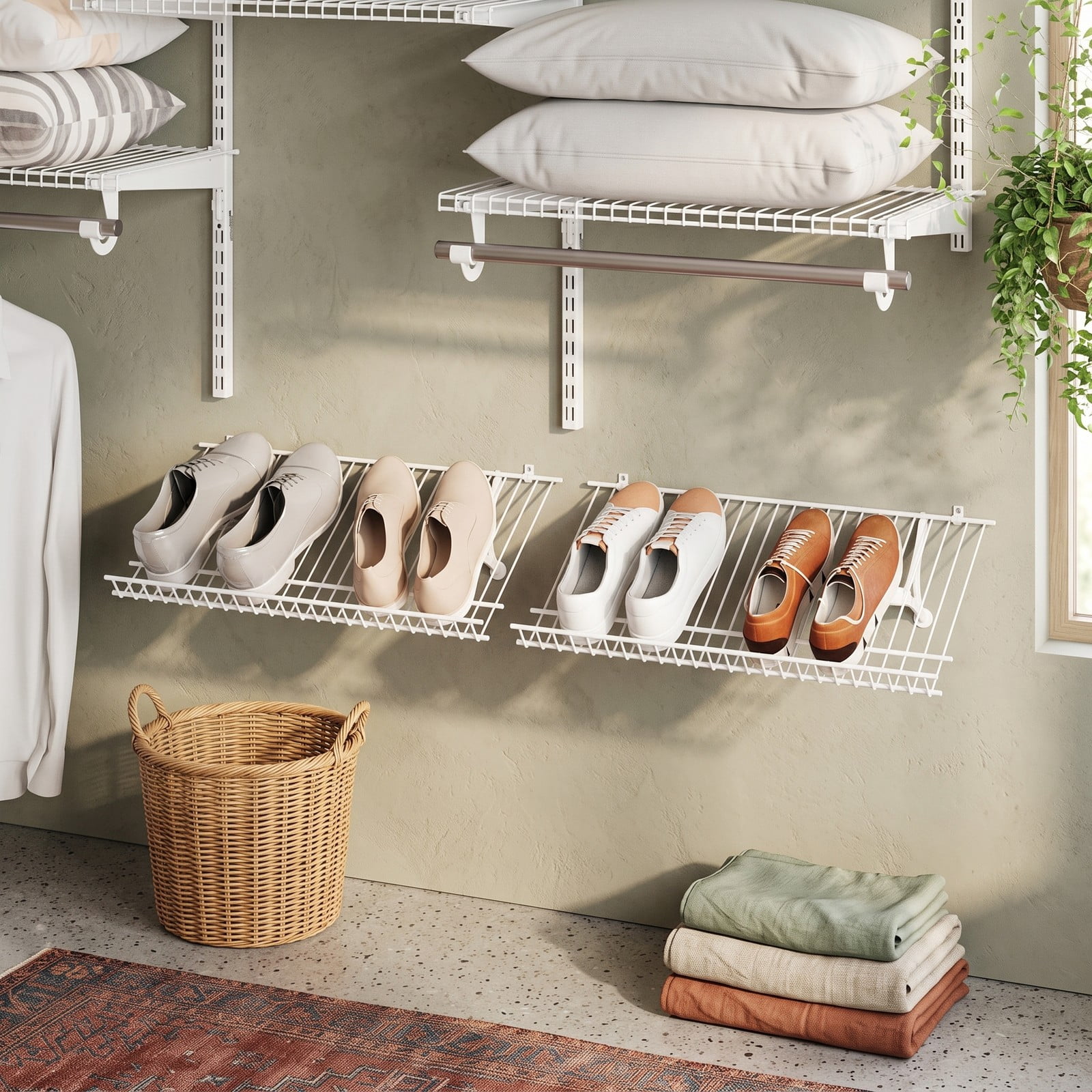 Furnibear Set of 2 Wall Mounted Metal Wire Closet Shelves and Shoe Racks for Entryway and Small Closet Organization, White