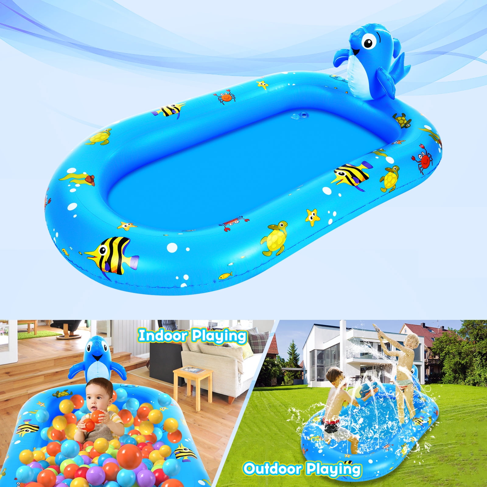 MIXFEER Dolphin Sprinkler Inflatable Pool for Outdoor 3 in 1 Baby Pool Swimming Pool Backyard Water Play Splash Pad for Garden Backyard Party