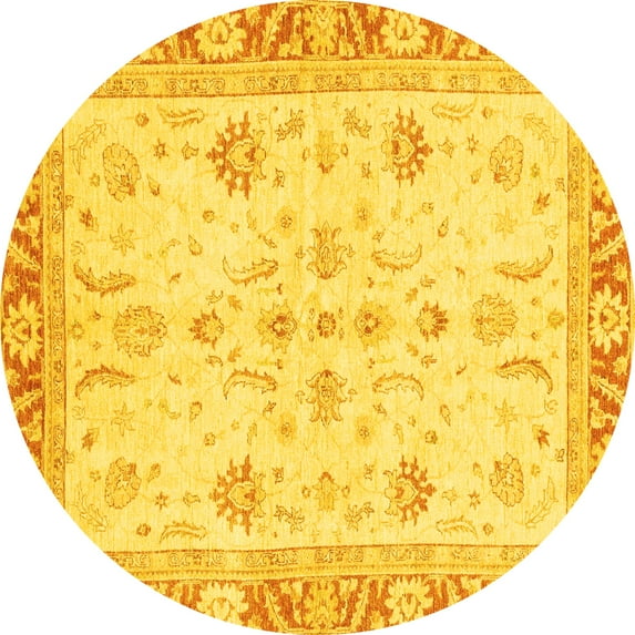 Ahgly Company Machine Washable Indoor Round Oriental Yellow Modern Area Rugs, 7' Round