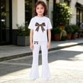 thumbnail image 5 of EnJoCho Girls Cute 2 Piece Outfits Teens Bow Graphic Sweatsuit Kids Summer Tracksui𝗍 Casual Short Sleeve Tops Flare Pants Set Girls Shorts Sleeve Tops Pants Set, 5 of 5