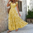 thumbnail image 2 of ZEHJUHAN Women's V-Neck Botanical Print Short Sleeve Maxi Dress, Elastic Waist Bohemian Flowy Summer Dress Yellow，S, 2 of 6
