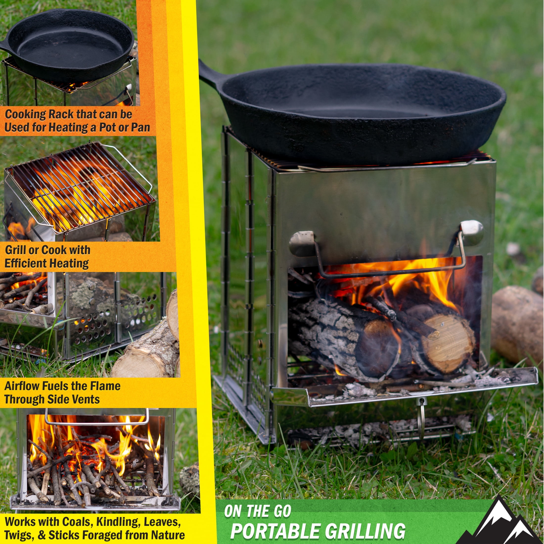 Wakeman Outdoors Camping Stove - Foldable Wood Burning Rocket Stove Portable Grill