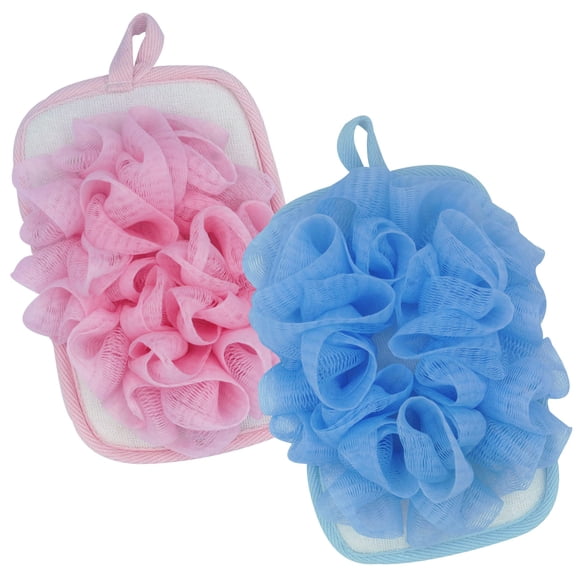 Bleu Bath (paquete de 2) esponja de baño exfoliante, manopla de lufa corporal, almohadilla de ducha, puf, correa de mano elástica, esponja de malla, depurador de ducha