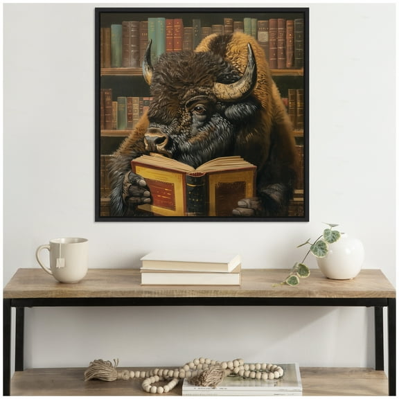 Kate and Laurel Sylvie Traditional Buffalo Reading in Library Framed Canvas Wall Art by The Creative Bunch Studio 30 x 30 Black, Whimsical, Animals Art for Wall Decor, Living Room, Bedroom