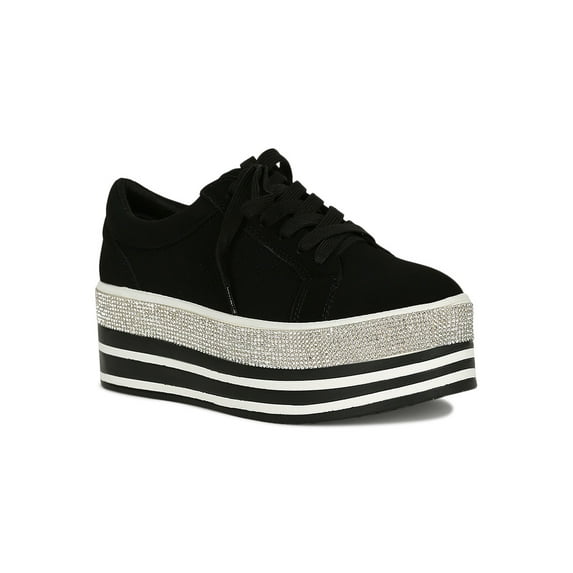 Women Round Toe Lace-Up Striped Rhinestone Flatform Sneaker 18660