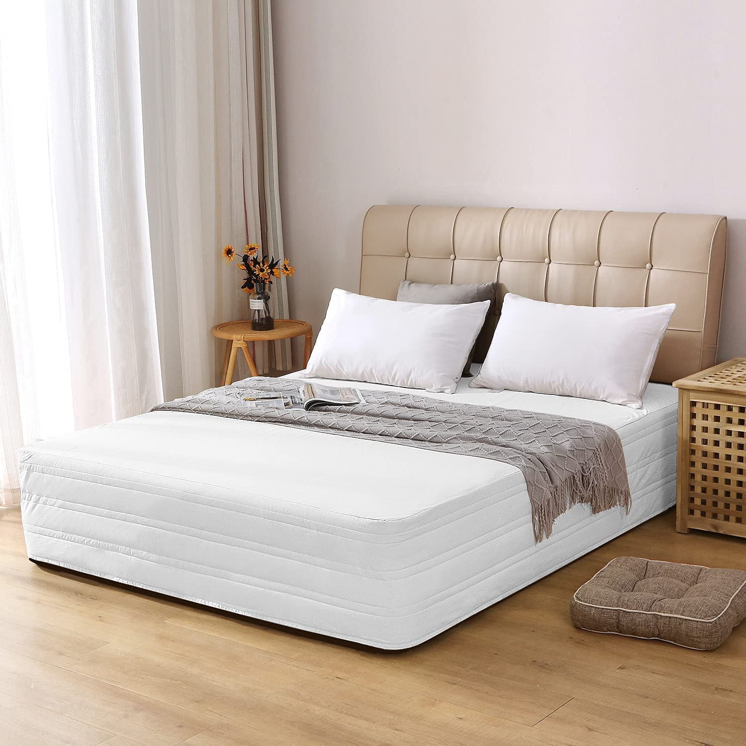 Cotton Blended Quilted White King Bed Skirt, Hang Down Feeling Enhancement