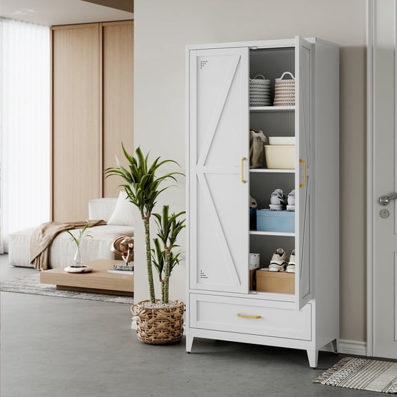 CXUZCZ 71" Tall Metal Storage Cabinets,Kitchen Pantry Cabinet with 3 Adjustable Shelves and 1 Drawer,Freestanding Cupboard for Kicthen,Dining Room,Living,Hallway,White
