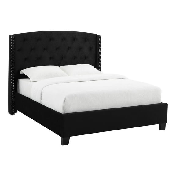 Elle King Size Bed, Low Profile, Button Tufted Upholstered Headboard, Black