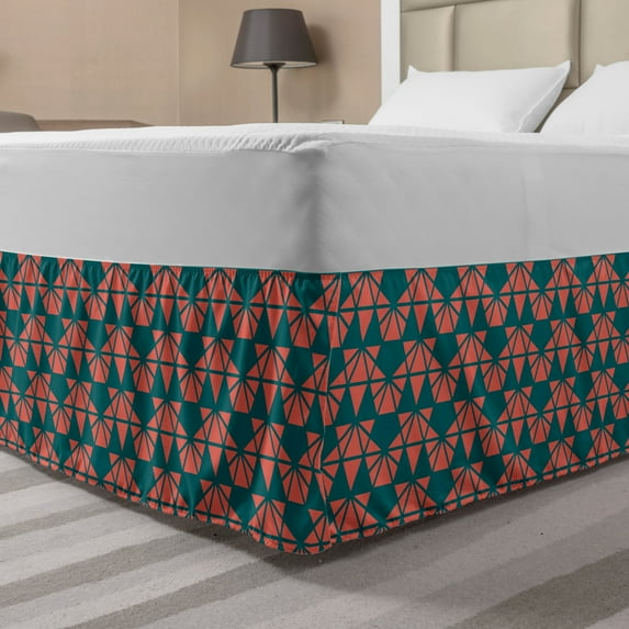 Abstract Bed Skirt, Simplistic Triangular Shapes Geometric Modern Style Ornaments, Elastic Bedskirt Dust Ruffle Wrap Around for Bedding Decor, 4 Sizes, Dark Teal and Salmon, by Ambesonne