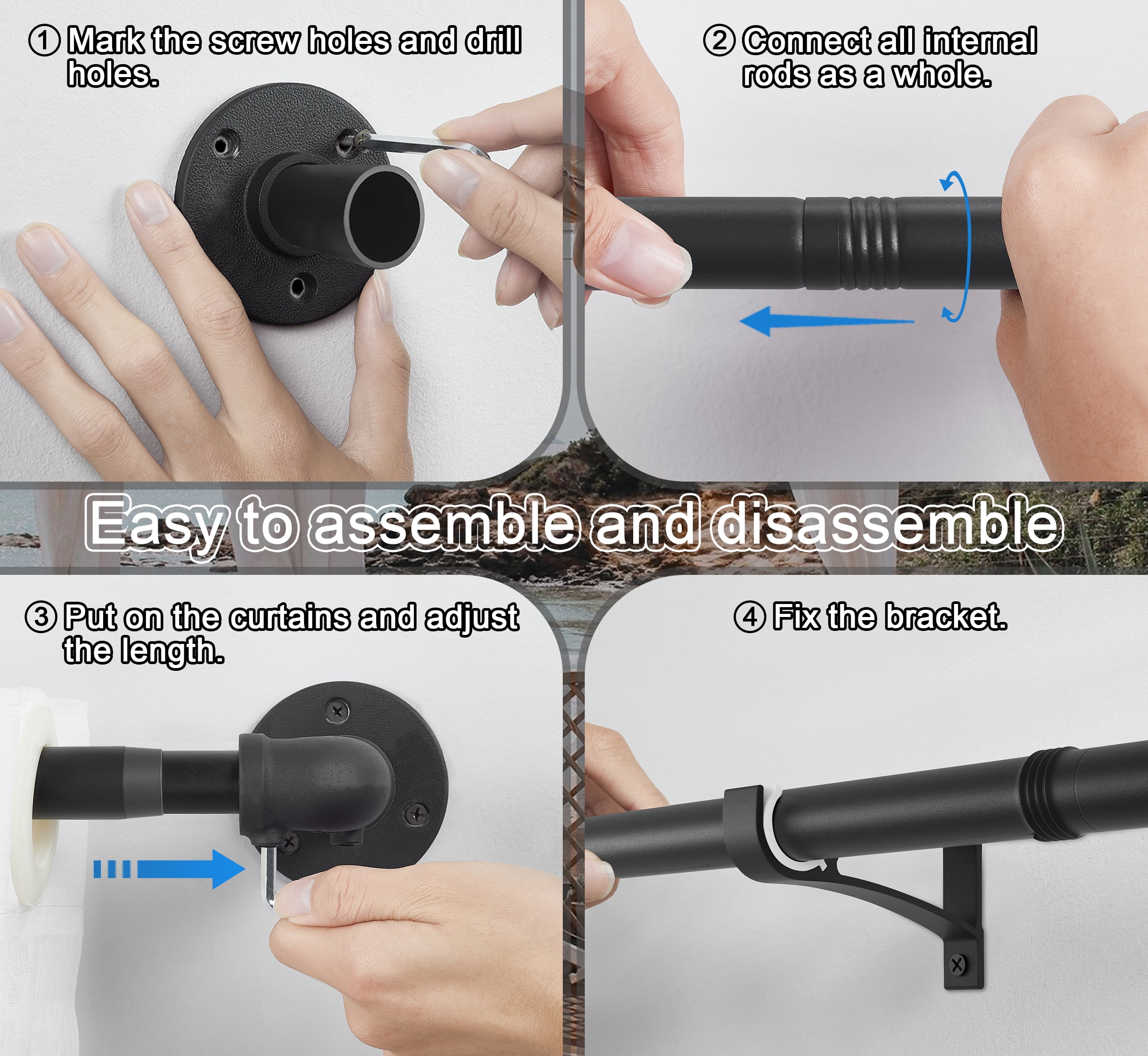 Curtain Rods for Windows 66 to 120, Black Adjustable Curtain Rod, 1 Inch Industrial Heavy Duty Curtain Rods, Blackout Wrap Around Curtain Rod, Indoor/Outdoor Curtain Rod