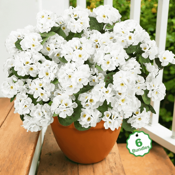 Scidweet Artificial Geraniums Flowers, 6 Bundles 21'' Fake Flowers Faux Plants for Spring Summer Indoor Outdoor Table Patio Porch Yard Garden Home Decor, White