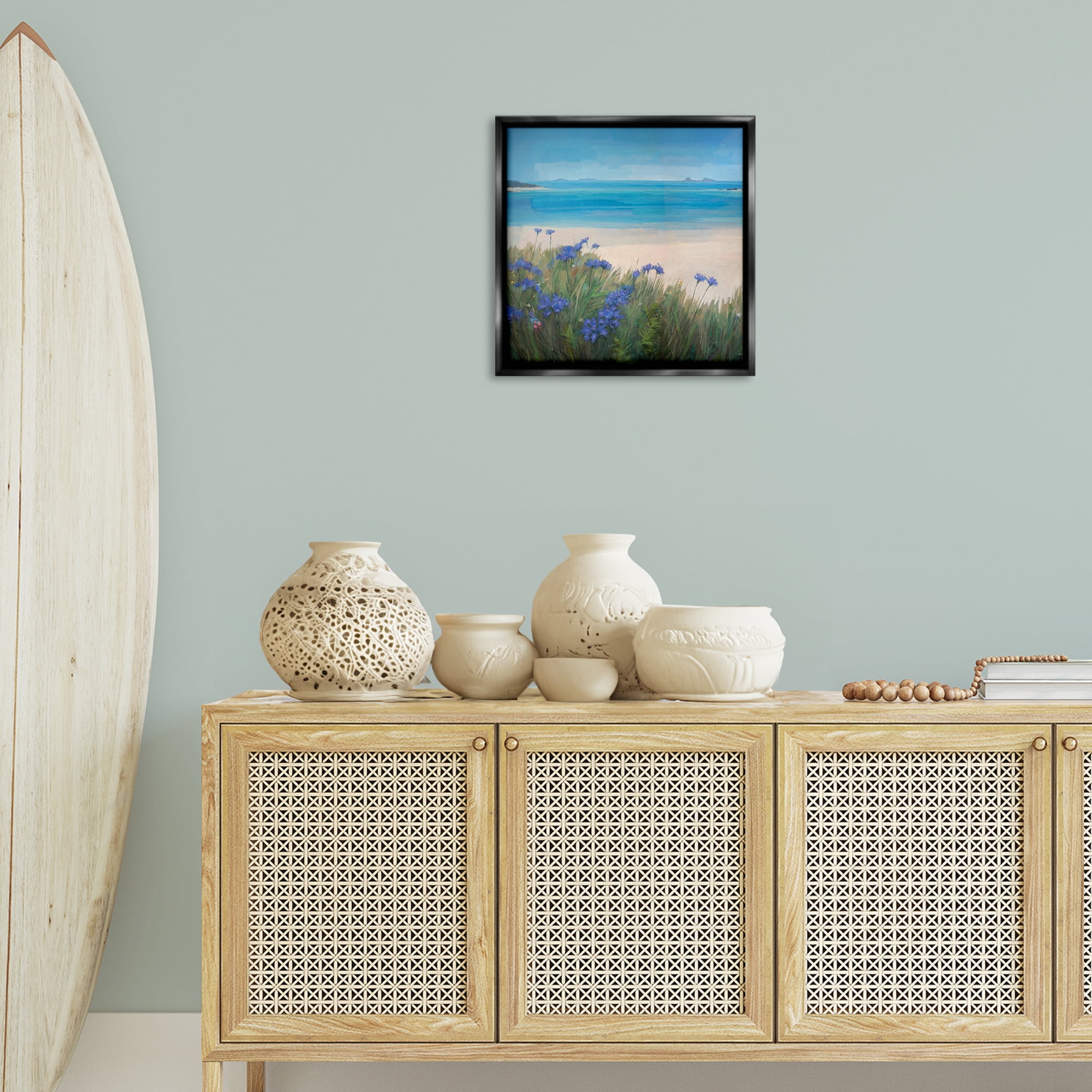 Stupell Industries Seaside Bluebell Flowers Landscape & Nature Painting Black Floater Framed Canvas Art Print Wall Art, 18 x 18