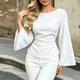 thumbnail image 4 of IUYRTFE Women's Striped Bell Sleeve Blouse Crew Neck Slim Fit Waisted Casual Fall Top, 4 of 7