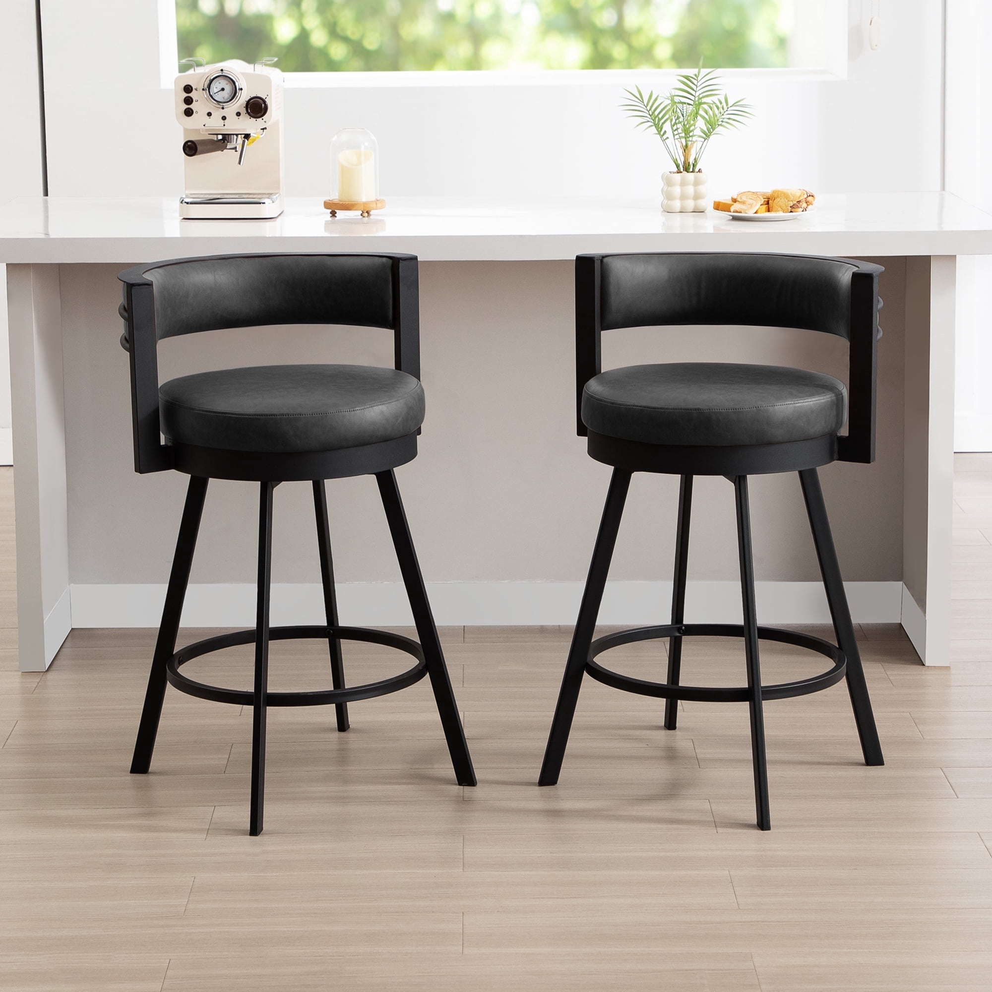 Zesthouse 26.6″ Swivel Bar Stools Set of 2, Faux Leather Upholstered Counter Stools with Barrel Back and Metal Legs, Modern Counter Height Barstools for Kitchen Island, Dark Gray