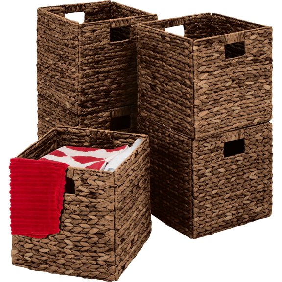 WILLYO 13x13in Pack of 5 Cube Storage Baskets, Water Hyacinth Multipurpose Collapsible Organizers, Handwoven Laundry Totes for Laundry, Living Room, Kids Room & Nursery - Brown