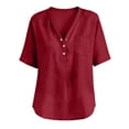 thumbnail image 6 of LIZUOJUN Women's Mid sleeve T-shirt Casual Button Down Washed Cotton LinenMiddle Length Sleeve Tops Casual Button Round Neck Loose Summer Top T Shirt,Wine XL, 6 of 6